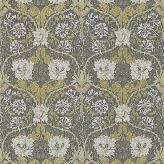 MORRIS & CO Honeysuckle & Tulip Wallpaper Damasks Charcoal,Gold  Rotary Printed Wallpaper - DM3W214701