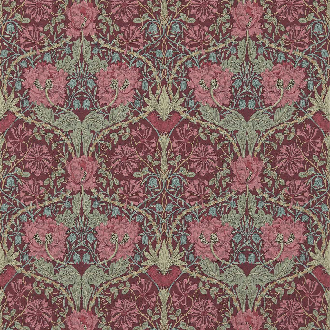 Damasks floral wallpaper with dusty pink blooms and sage green stems on deep maroon, ornate vintage botanical pattern.