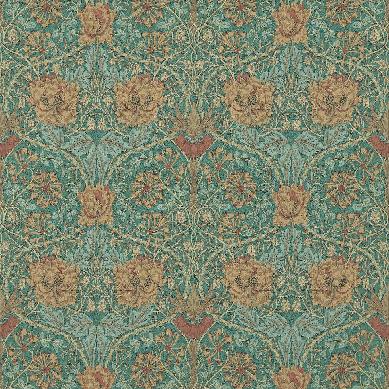 MORRIS & CO Honeysuckle & Tulip Wallpaper Damasks Emerald,Russet  Rotary Printed Wallpaper - DM3W214704