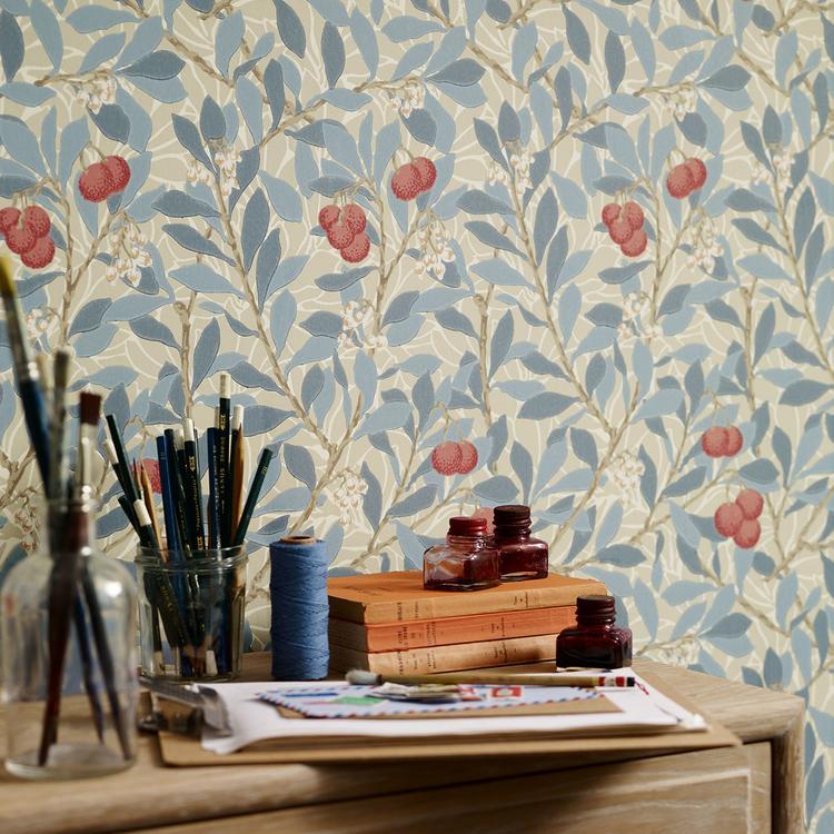 Morris & Co. Arbutus Wallpaper in Woad/Russet showing detailed stems, leaves, and berries in rich tones, ideal for adding heritage-inspired botanical elegance to interiors