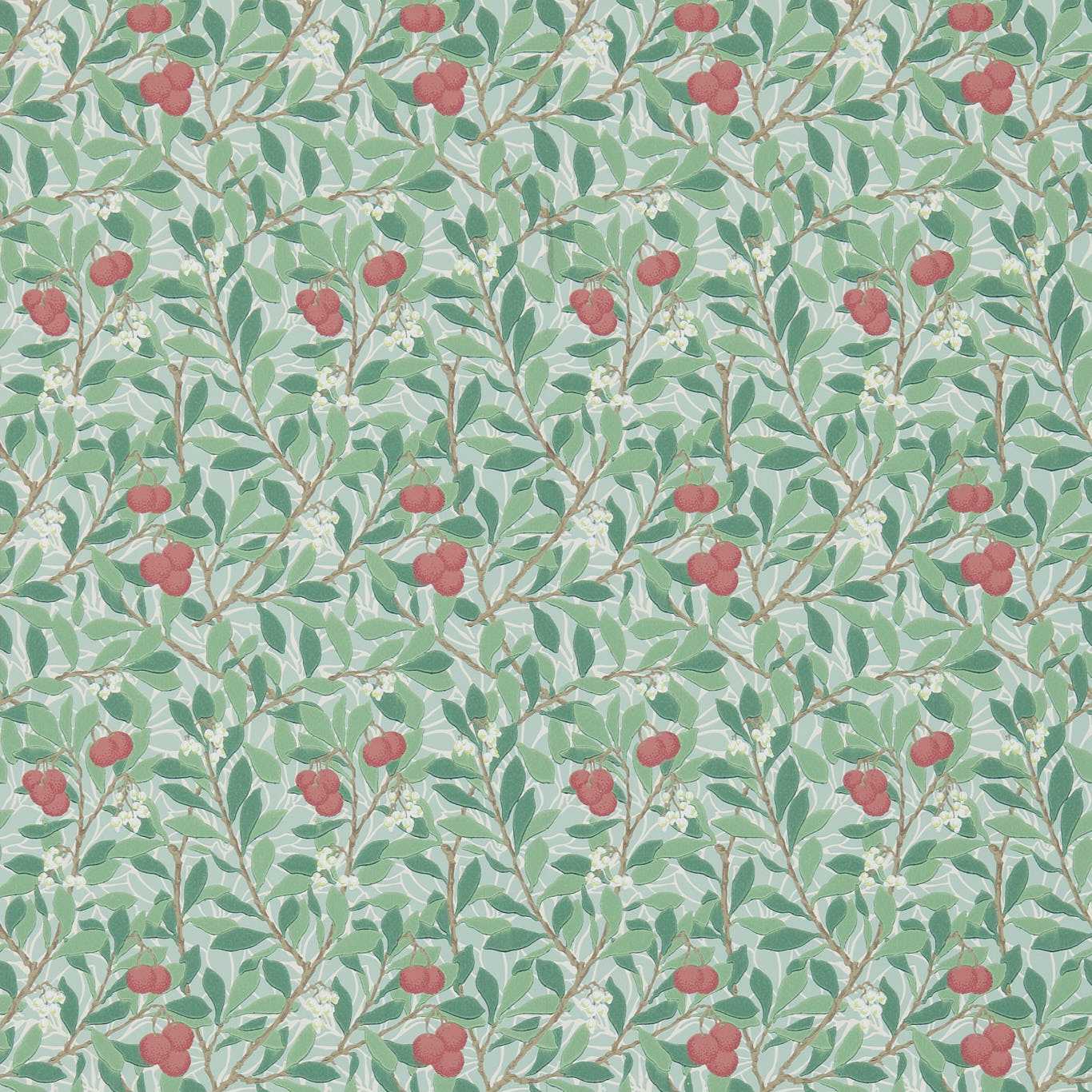 Repeating botanical pattern: green leaves & red berries on a pale teal background; vintage wallpaper design.