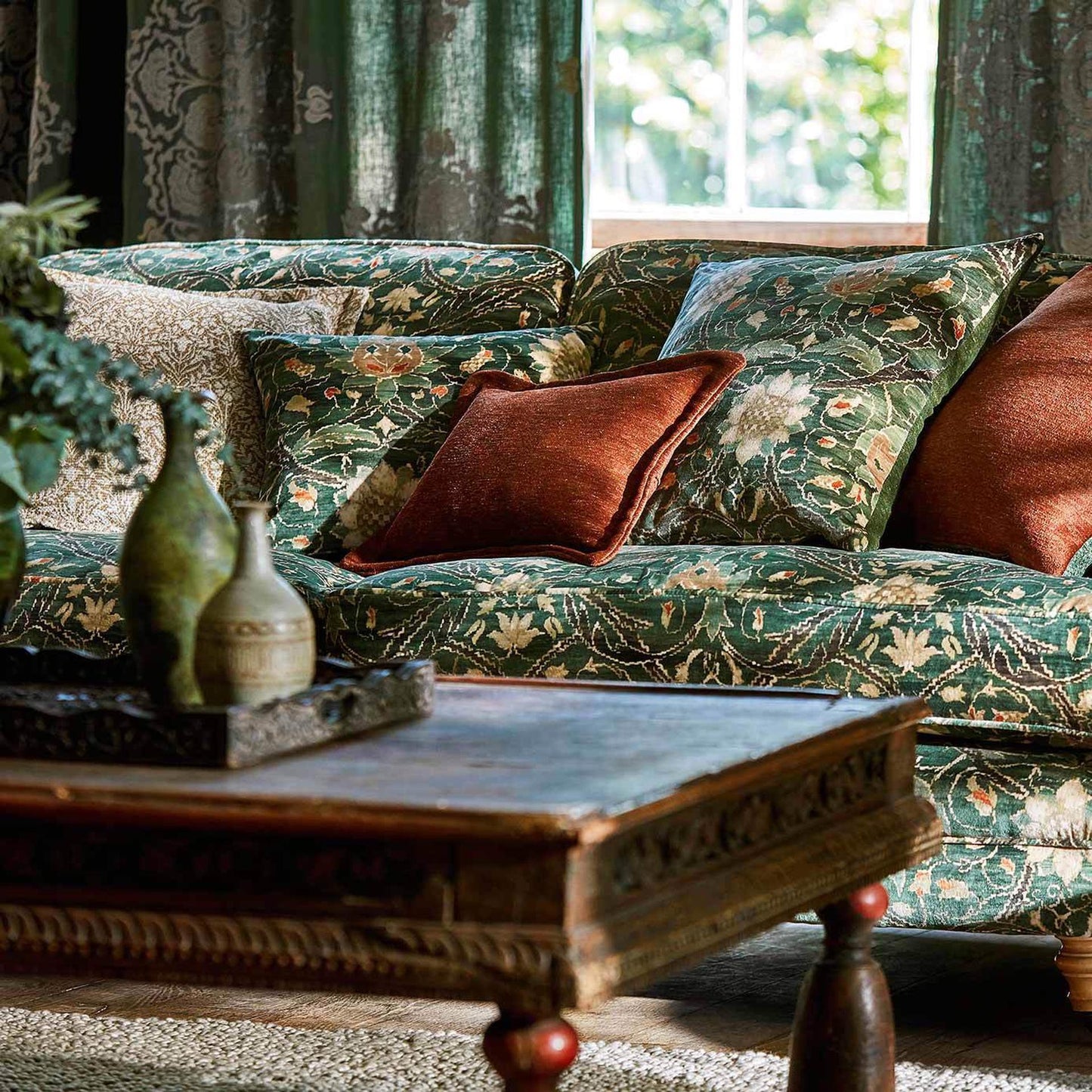 Morris & Co Montreal Velvet Fabric Archive IV Purleigh Weaves in forest teal — luxury upholstery textile with rich pattern for curtains, cushions and designer interiors.