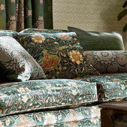 Morris & Co Montreal Velvet Fabric Archive IV Purleigh Weaves in forest teal — luxury upholstery textile with rich pattern for curtains, cushions and designer interiors.