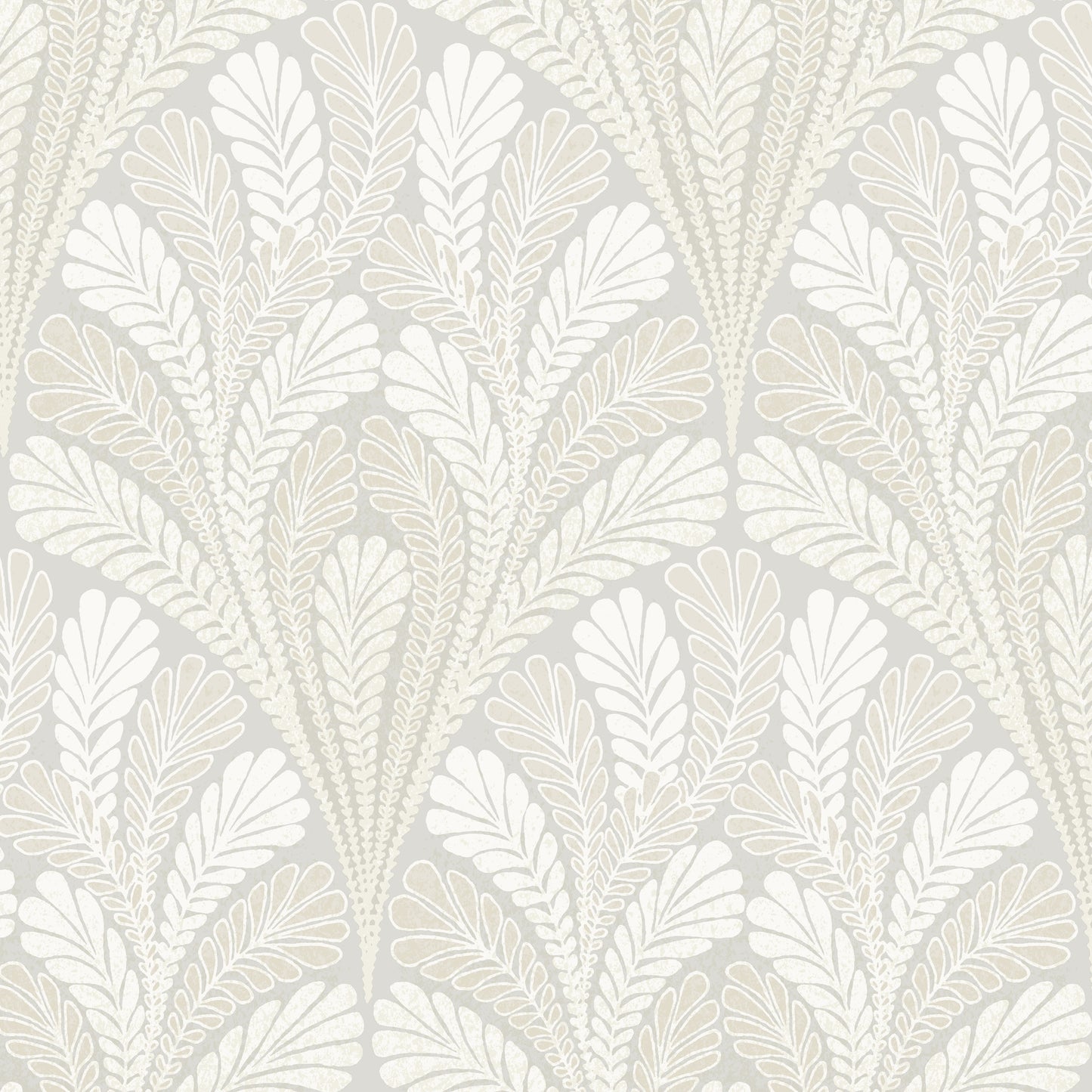 Grey fern leaf damask wallpaper on soft gray background; decorative, elegant wallcovering.