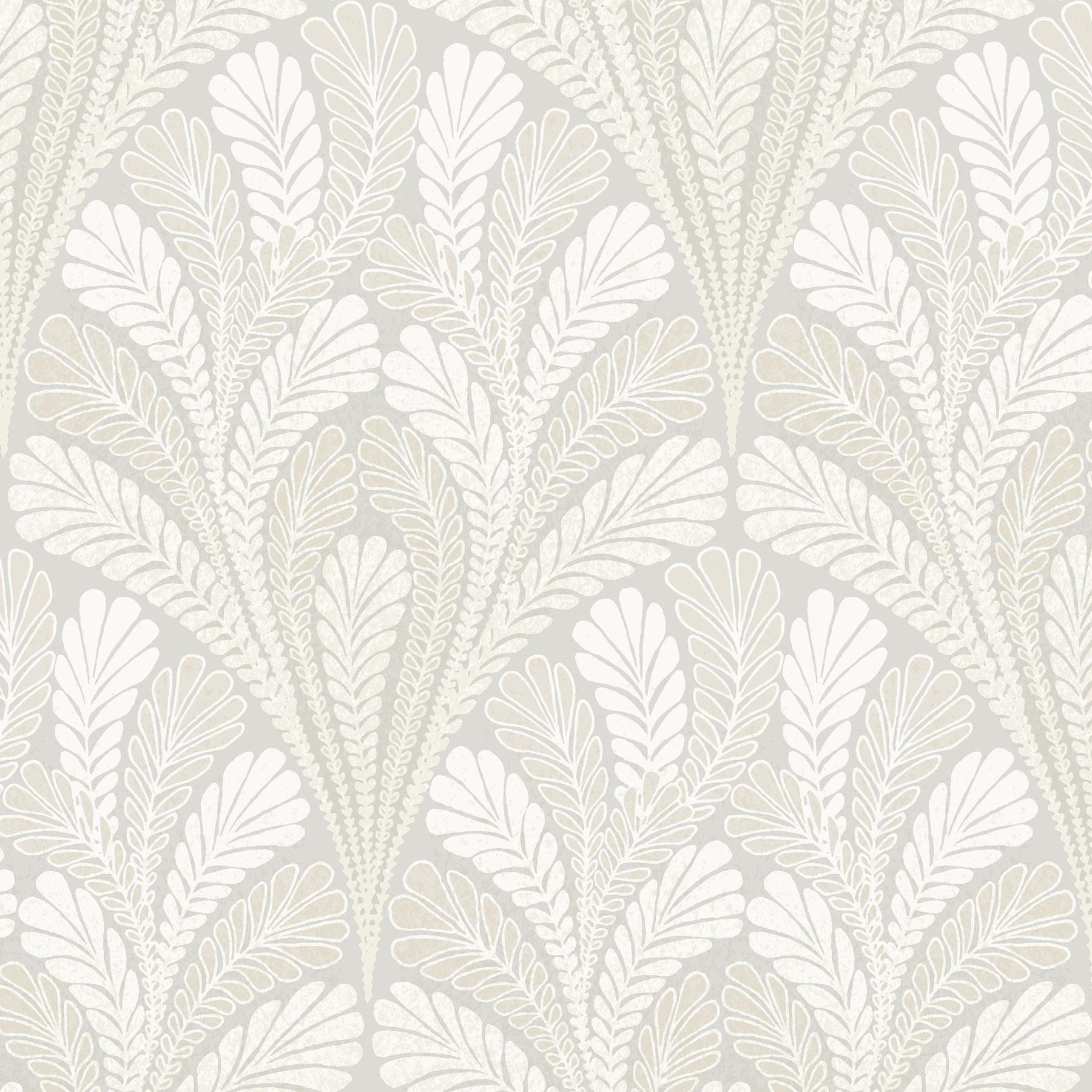 Grey fern leaf damask wallpaper on soft gray background; decorative, elegant wallcovering.