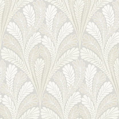 Grey fern leaf damask wallpaper on soft gray background; decorative, elegant wallcovering.