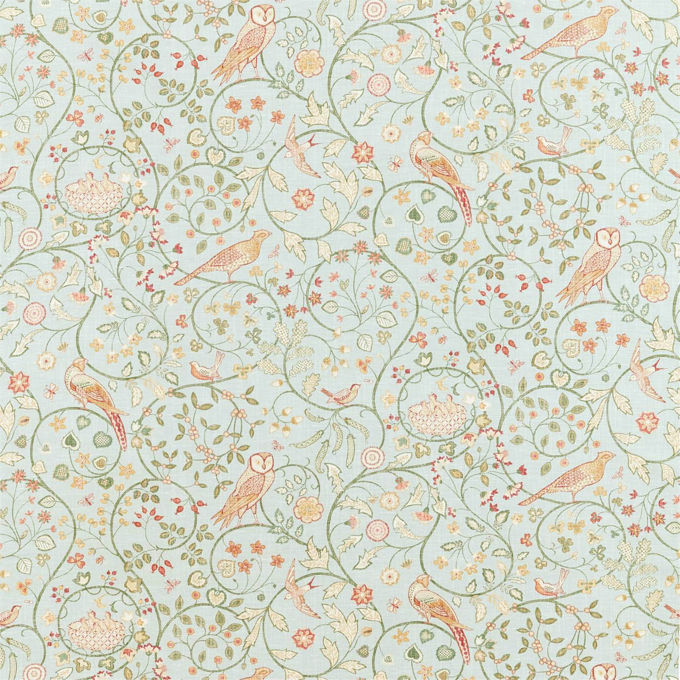 Pastel botanical fabric with vines, leaves, flowers and birds on a grey-blue background.