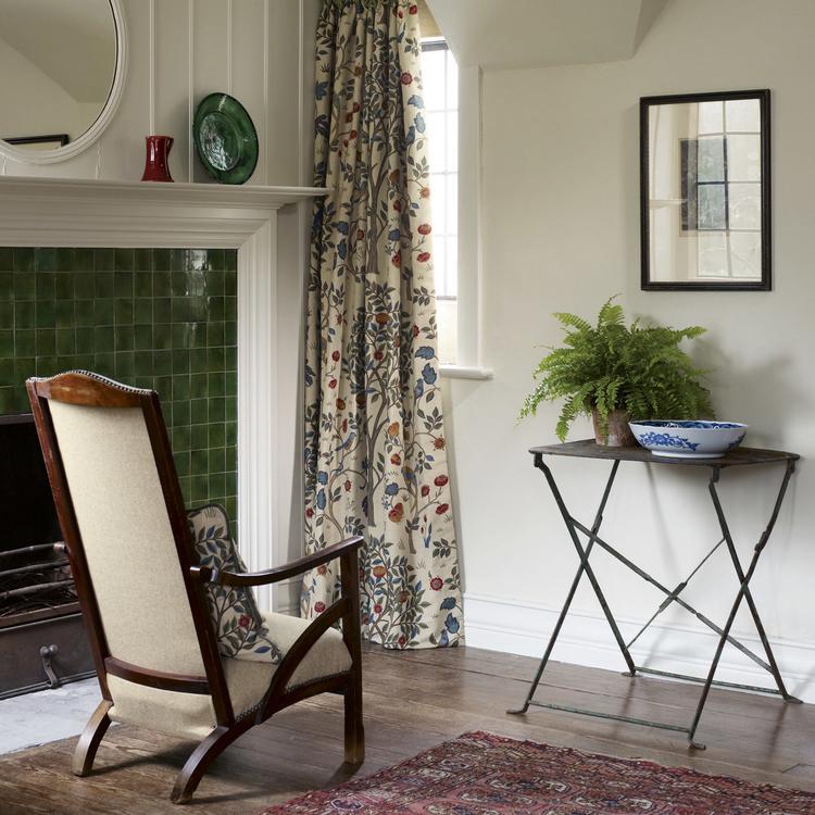 Kelmscott Tree Embroidery Fabric in Woad/Rose by Morris & Co., showing detailed embroidered trees, birds and floral motifs on a luxurious silk-mix base, ideal for drapery, upholstery and bespoke décor.