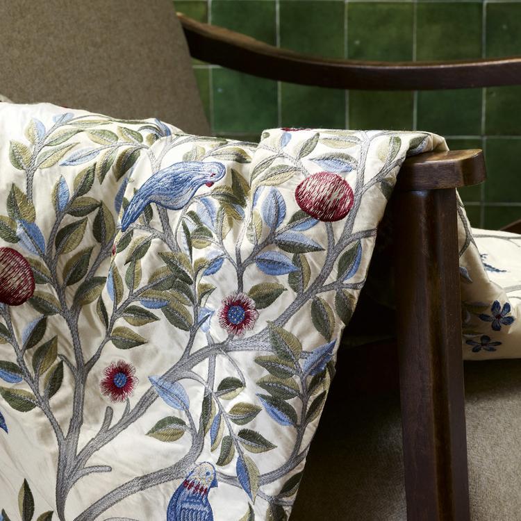 Kelmscott Tree Embroidery Fabric in Woad/Rose by Morris & Co., showing detailed embroidered trees, birds and floral motifs on a luxurious silk-mix base, ideal for drapery, upholstery and bespoke décor.