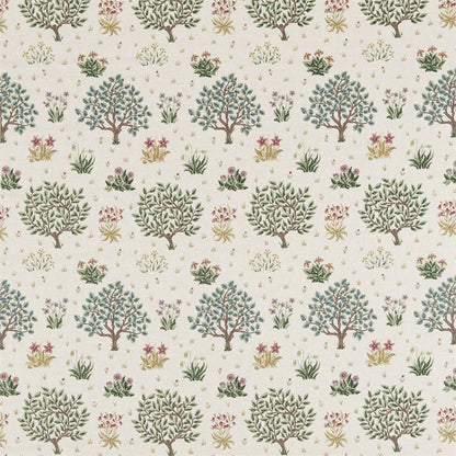 High-quality Morris & Co Orchard Fabric in Bayleaf & Rose, featuring medieval-inspired trees and foliage on textured linen-mix, perfect for drapes, cushions, upholstery, and luxury home décor projects.