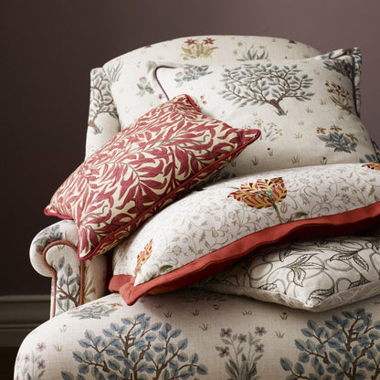 High-quality Morris & Co Orchard Fabric in Bayleaf & Rose, featuring medieval-inspired trees and foliage on textured linen-mix, perfect for drapes, cushions, upholstery, and luxury home décor projects.