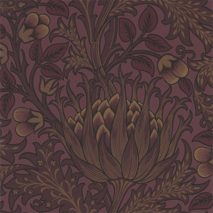 Ornate wine-colored damask floral wallpaper with curling vines & gold accents.