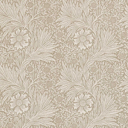 Beige damask floral wallpaper pattern with cream flowers and leafy scrolls, vintage ornamental decor.