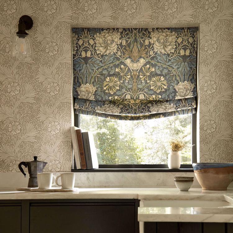 Morris & Co Marigold Wallpaper DM6P210371 in Linen by William Morris, classic floral botanical designer wallcovering for living rooms, bedrooms, and luxury interior design, available at Primoends.