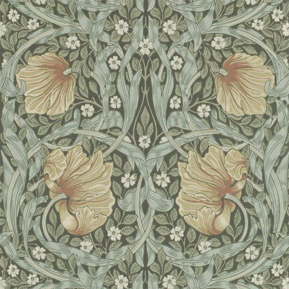 Repeating vintage floral wallpaper pattern with peach blooms and pale green leaves on muted sage background.