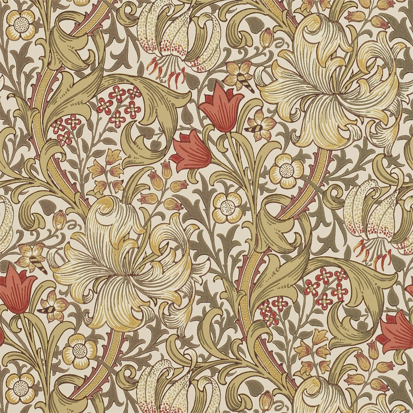 Ornate damask-inspired floral wallpaper in gold, olive, and red with curling vines.