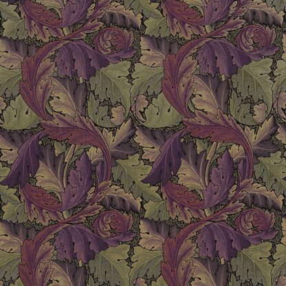 Tapestry fabric with intertwined purple and burgundy autumn leaves on an olive-green background.