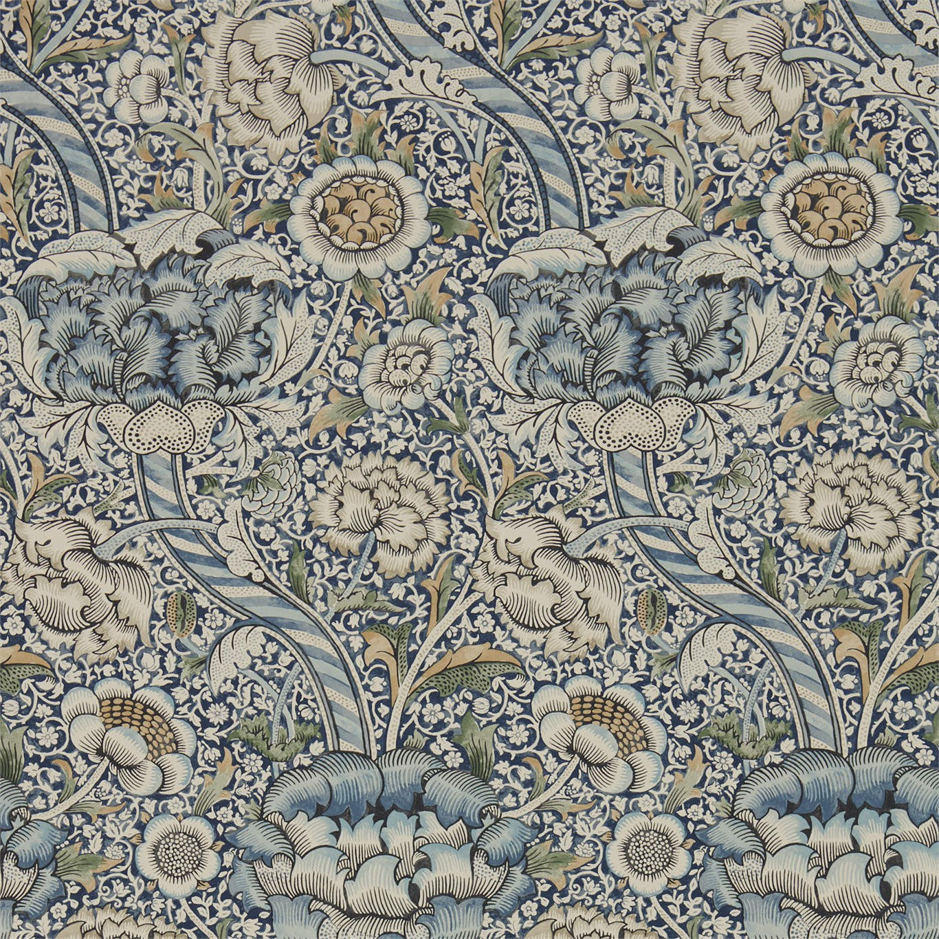 Blue & ivory floral wallpaper pattern with scrolling vines and large blossoms.