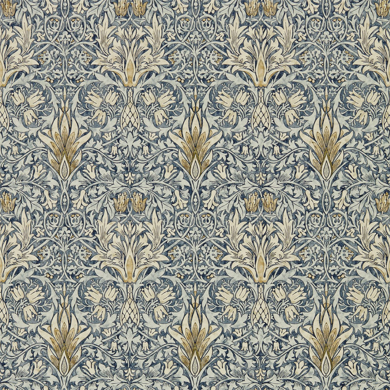 MORRIS & CO Snakeshead Wallpaper Classic Floral Indigo,Cumin  Gravure - Wide Width Printed Wallpaper - DMA4216428