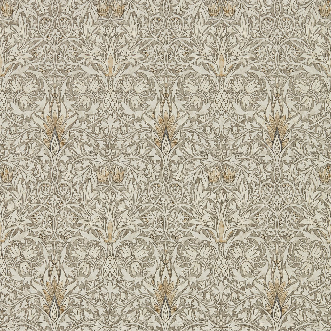 Beige cream damask wallpaper with gold accents and an ornate scrolling floral motif for elegant walls.