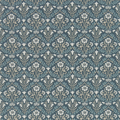Morris & Co. Morris Bellflowers Wallpaper in Indigo/Linen featuring a small-scale interlocking floral pattern inspired by a bestselling William Morris carpet design. This Arts & Crafts designer wallpaper is ideal for all four walls in living rooms, bedrooms, dining rooms, hallways, English cottage homes, traditional, vintage, and heritage-inspired interiors.