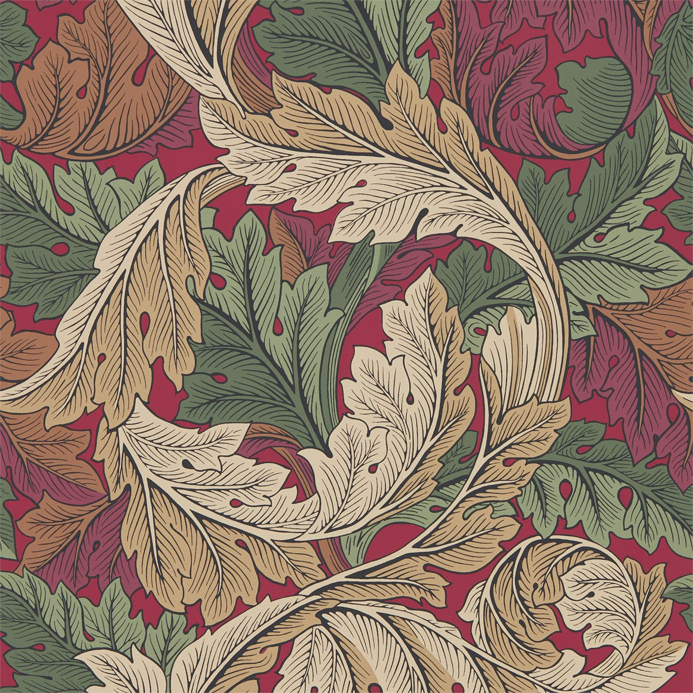 Seamless botanical pattern of swirling cream, beige, sage green, and brown autumn leaves on a deep red background.