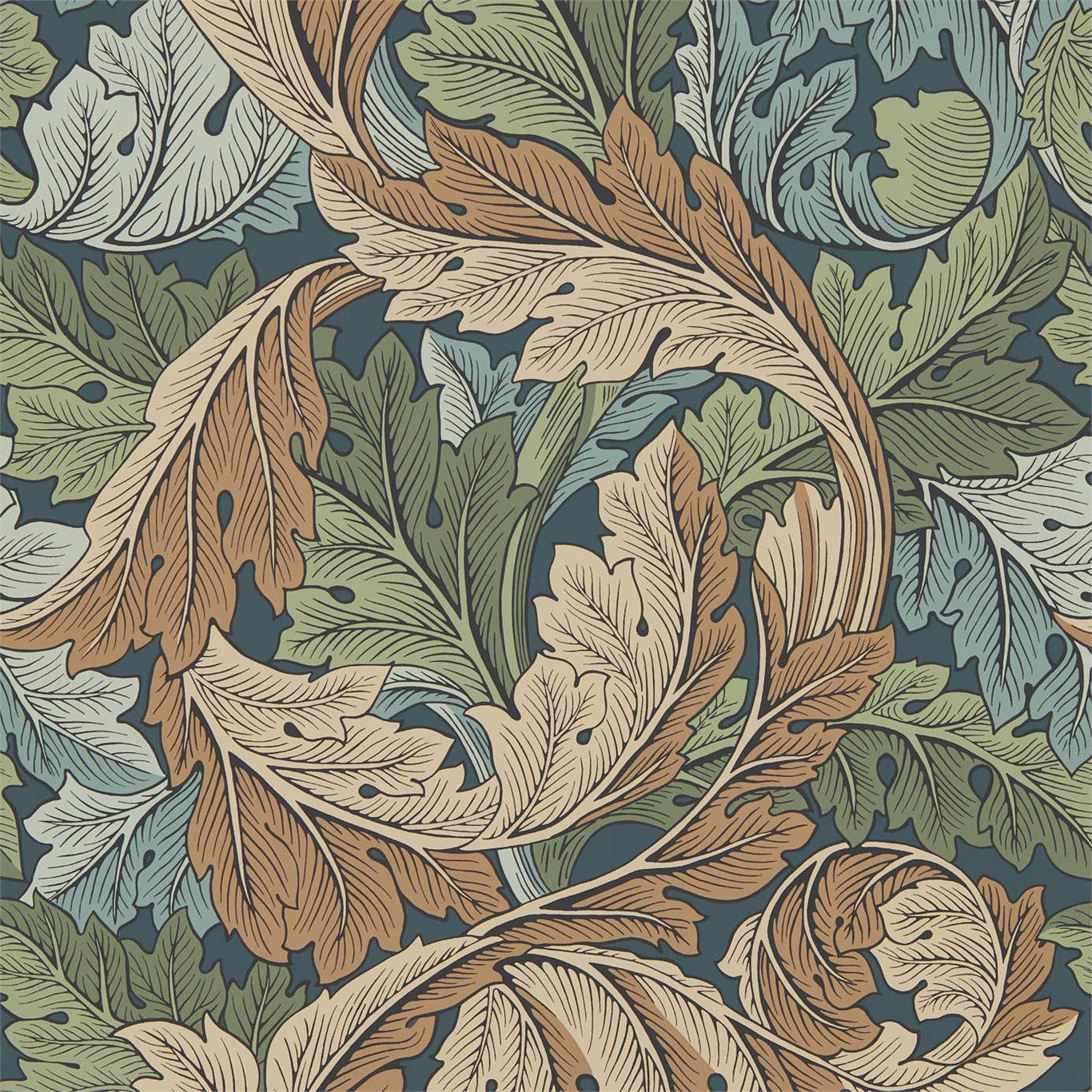 MORRIS & CO Acanthus Wallpaper Leaves , Trees Slate Blue,Thyme  Rotary Printed Wallpaper - DMA4216440