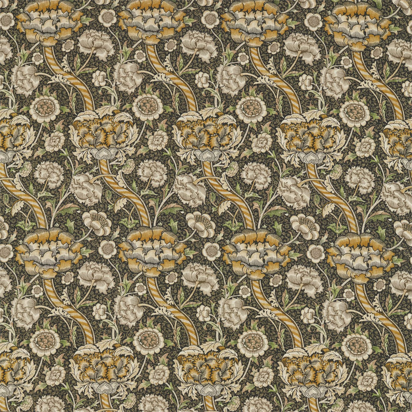 Morris & Co. Wandle Fabric in Charcoal/Mustard showing the striped, meandering diagonal branch and floral motifs on 100% linen — ideal for upholstery, drapery and luxury décor