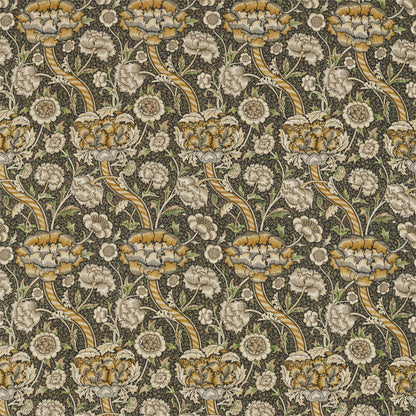 Morris & Co. Wandle Fabric in Charcoal/Mustard showing the striped, meandering diagonal branch and floral motifs on 100% linen — ideal for upholstery, drapery and luxury décor