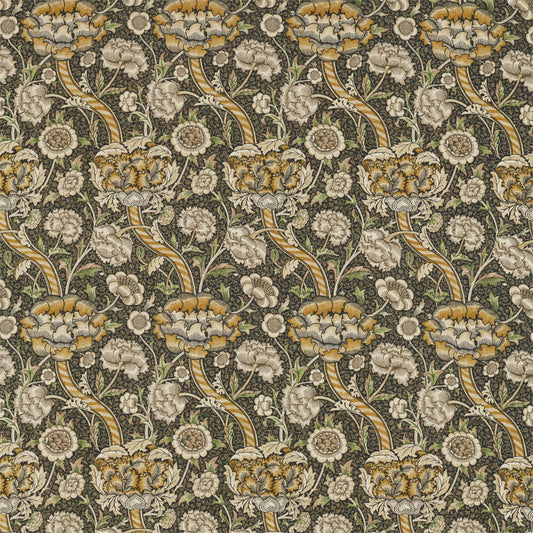 Morris & Co. Wandle Fabric in Charcoal/Mustard showing the striped, meandering diagonal branch and floral motifs on 100% linen — ideal for upholstery, drapery and luxury décor