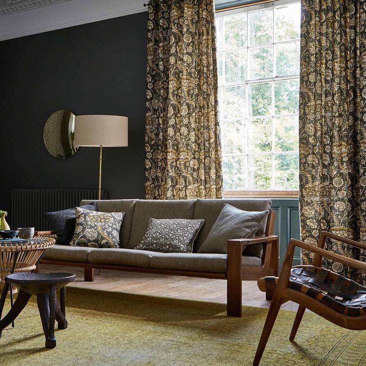 Morris & Co. Wandle Fabric in Charcoal/Mustard showing the striped, meandering diagonal branch and floral motifs on 100% linen — ideal for upholstery, drapery and luxury décor