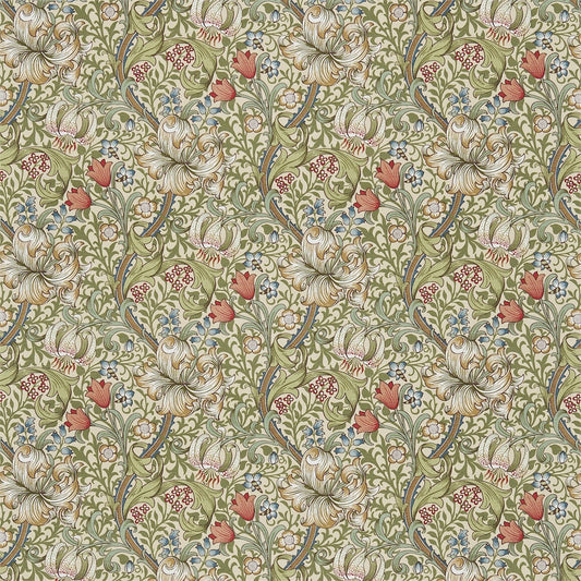 MORRIS & CO Golden Lily Fabric Classic Floral Multi Green on Stone   - DMC1G3201