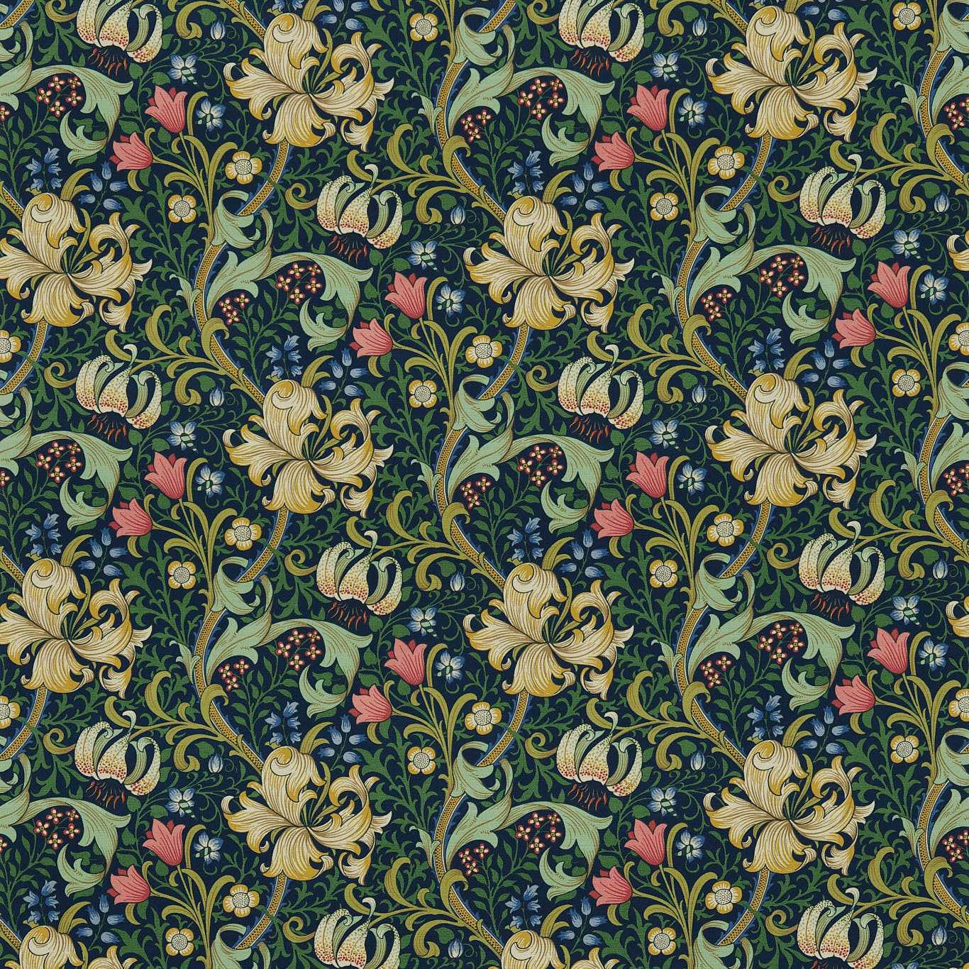 MORRIS & CO Golden Lily Fabric Classic Floral Indigo   - DMC1G3202