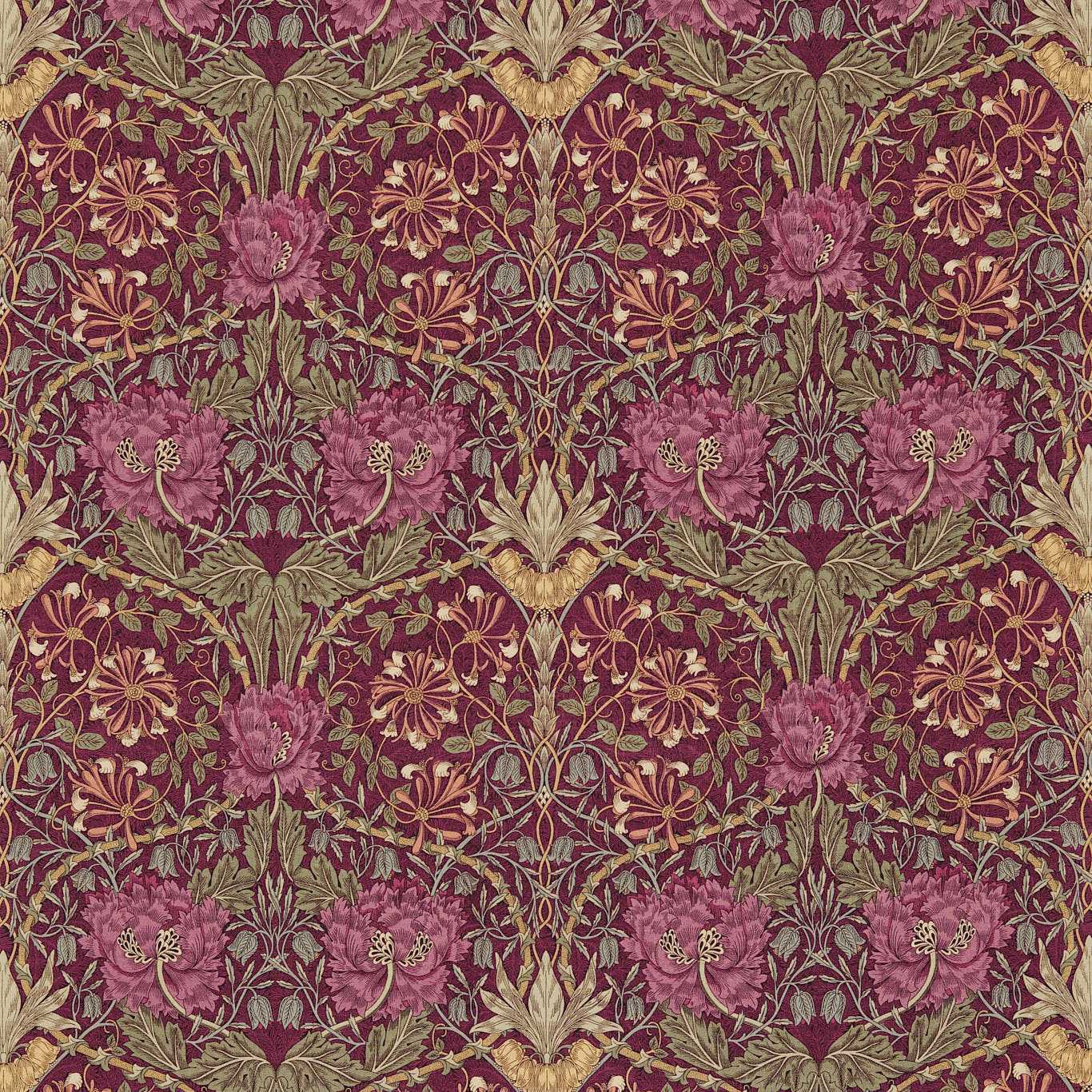 MORRIS & CO Honeysuckle & Tulip Fabric Damasks Wine,Bay Leaf   - DMORHO204