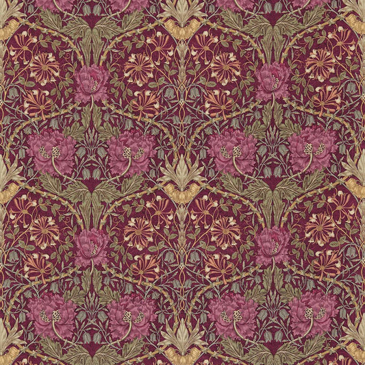 MORRIS & CO Honeysuckle & Tulip Fabric Damasks Wine,Bay Leaf   - DMORHO204