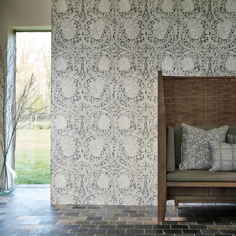 MORRIS & CO Pure Pimpernel Wallpaper Classic Floral Black Ink  Rotary Wide Width Printed Wallpaper - DMPN216539