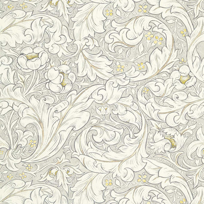 William Morris Pure Bachelors Button Print Fabric in Horned Poppy Grey featuring bold swirling floral leaf patterns in a monochrome Arts & Crafts design. This Morris & Co fabric shows dramatic medieval-inspired botanical artwork on a linen blend base, ideal for drapery panels, roman shades, upholstery, headboards, pillows, and luxury interior design projects.