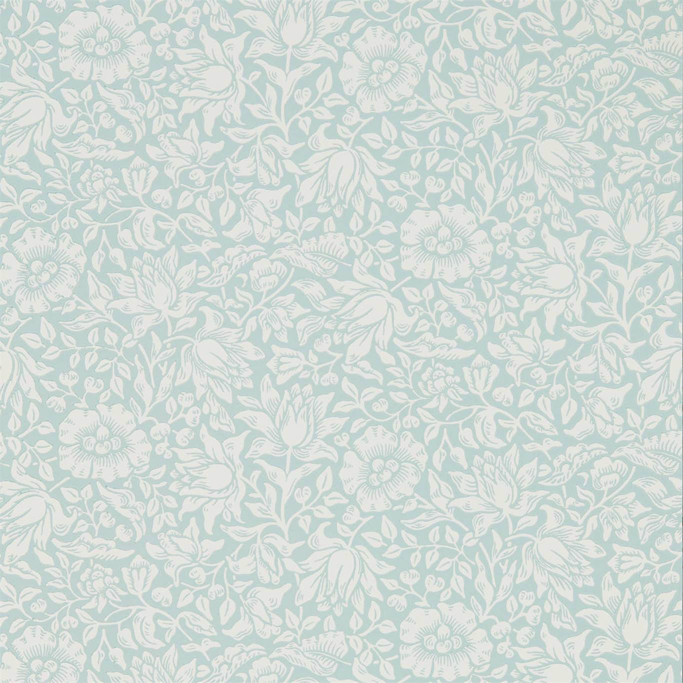 Seafoam teal background with white botanical floral damask pattern, vintage wallpaper style.