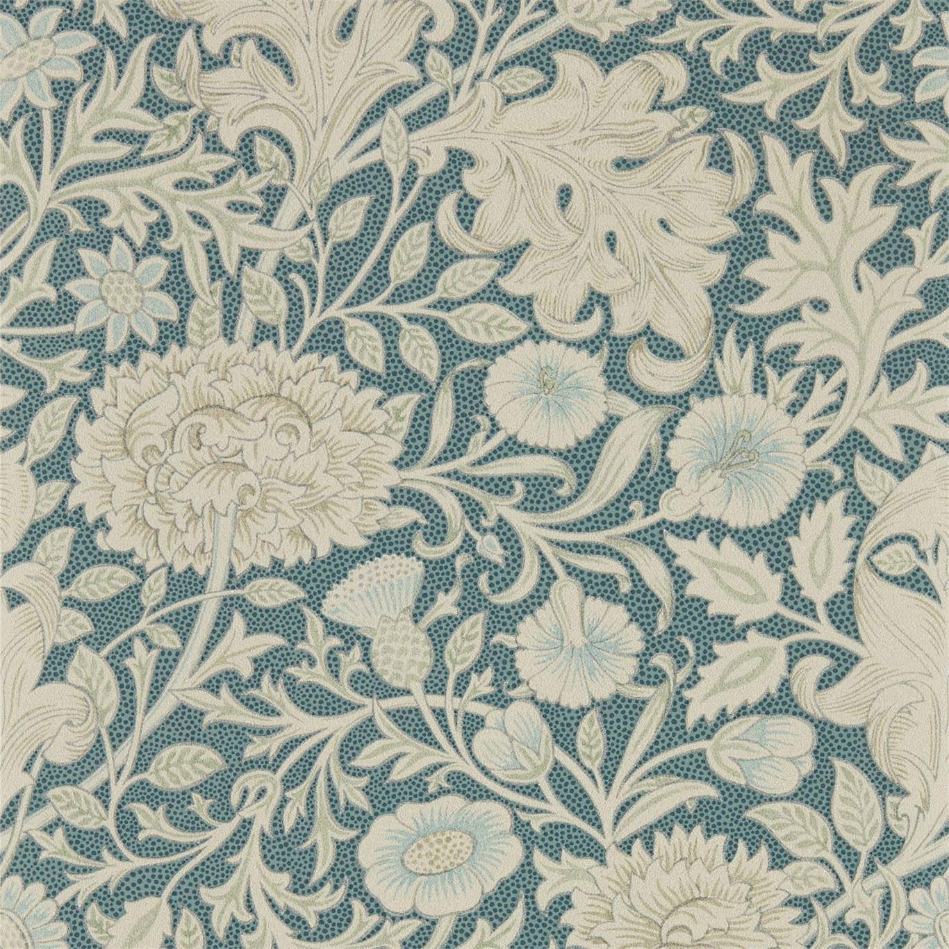 Cream damask floral pattern with scrolling leaves on a blue textured background.