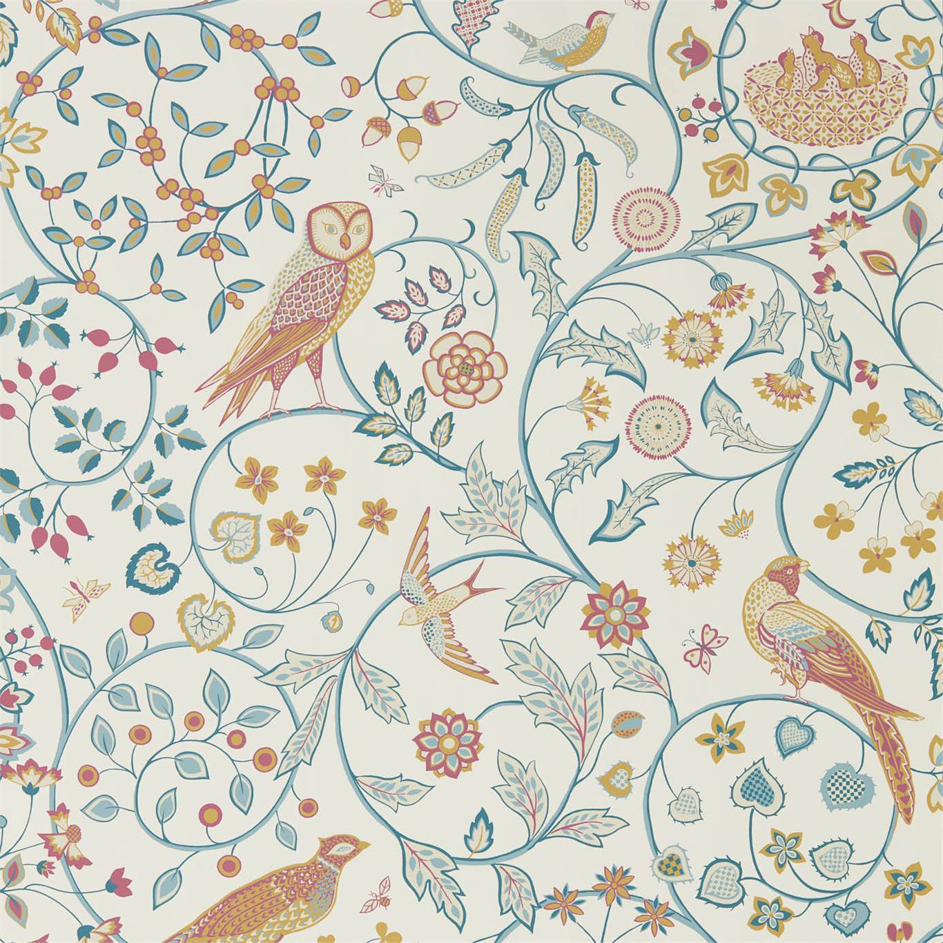 MORRIS & CO Newill Wallpaper Birds Indigo Saffron  Rotary Wide Width Printed Wallpaper - DMSW216703