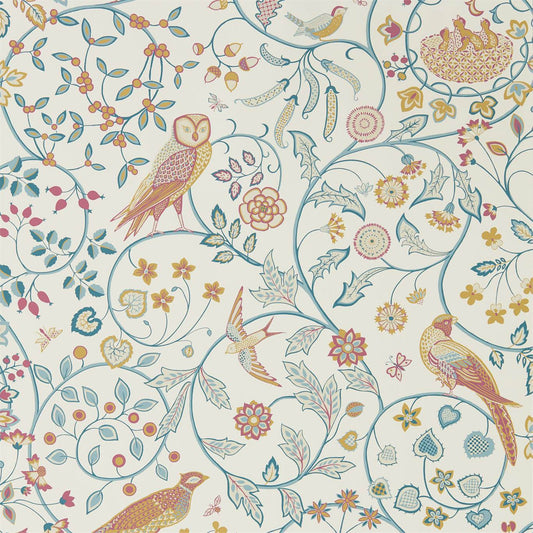 MORRIS & CO Newill Wallpaper Birds Indigo Saffron  Rotary Wide Width Printed Wallpaper - DMSW216703
