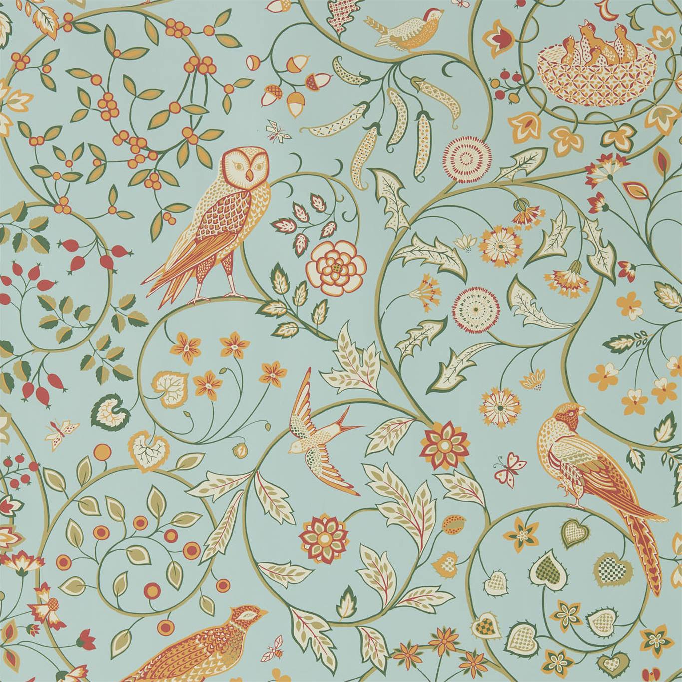 MORRIS & CO Newill Wallpaper Birds Peppermint Russet  Rotary Wide Width Printed Wallpaper - DMSW216704