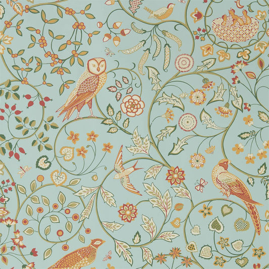 MORRIS & CO Newill Wallpaper Birds Peppermint Russet  Rotary Wide Width Printed Wallpaper - DMSW216704