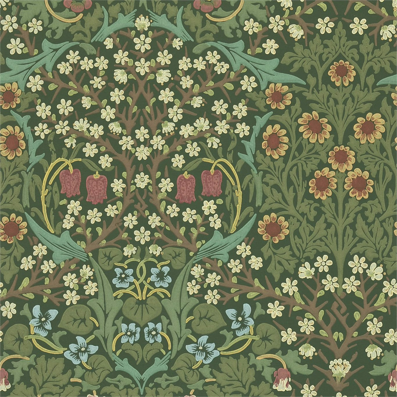 MORRIS & CO Blackthorn Wallpaper Classic Floral Green  Surface- Printed Wallpaper - DMY1BT101