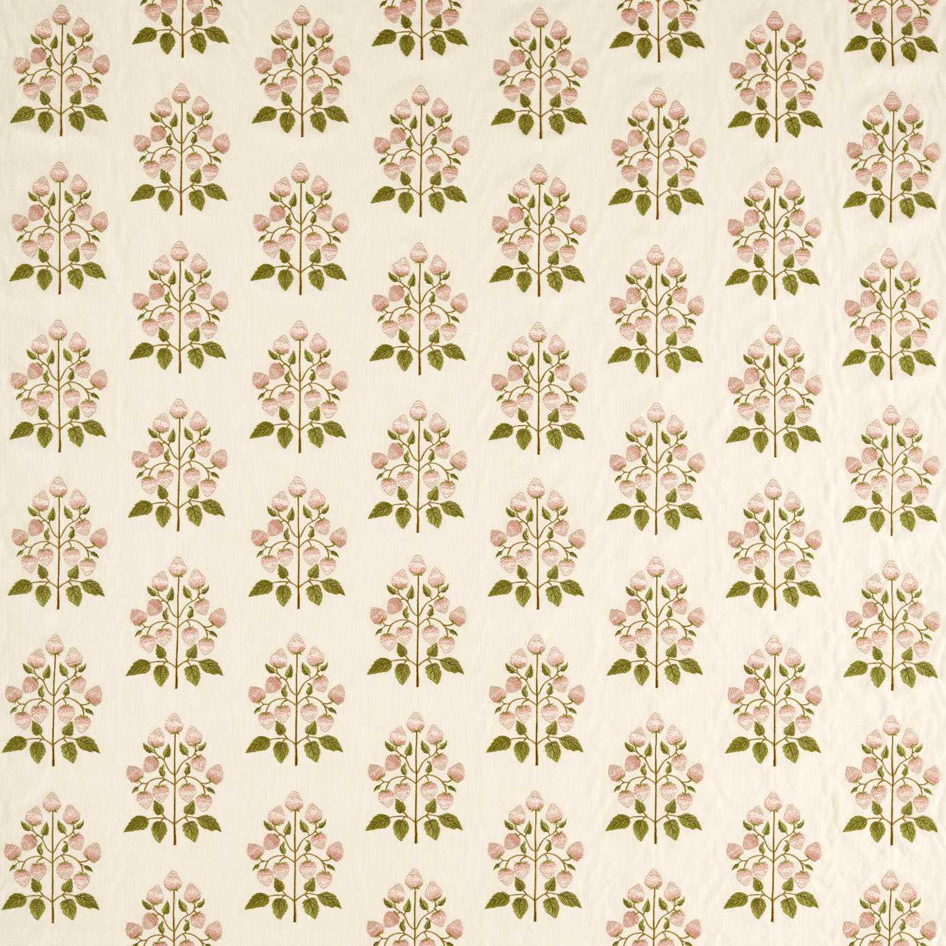 Cream wallpaper with vertical rows of pink rose clusters and green leaves in a vintage botanical pattern