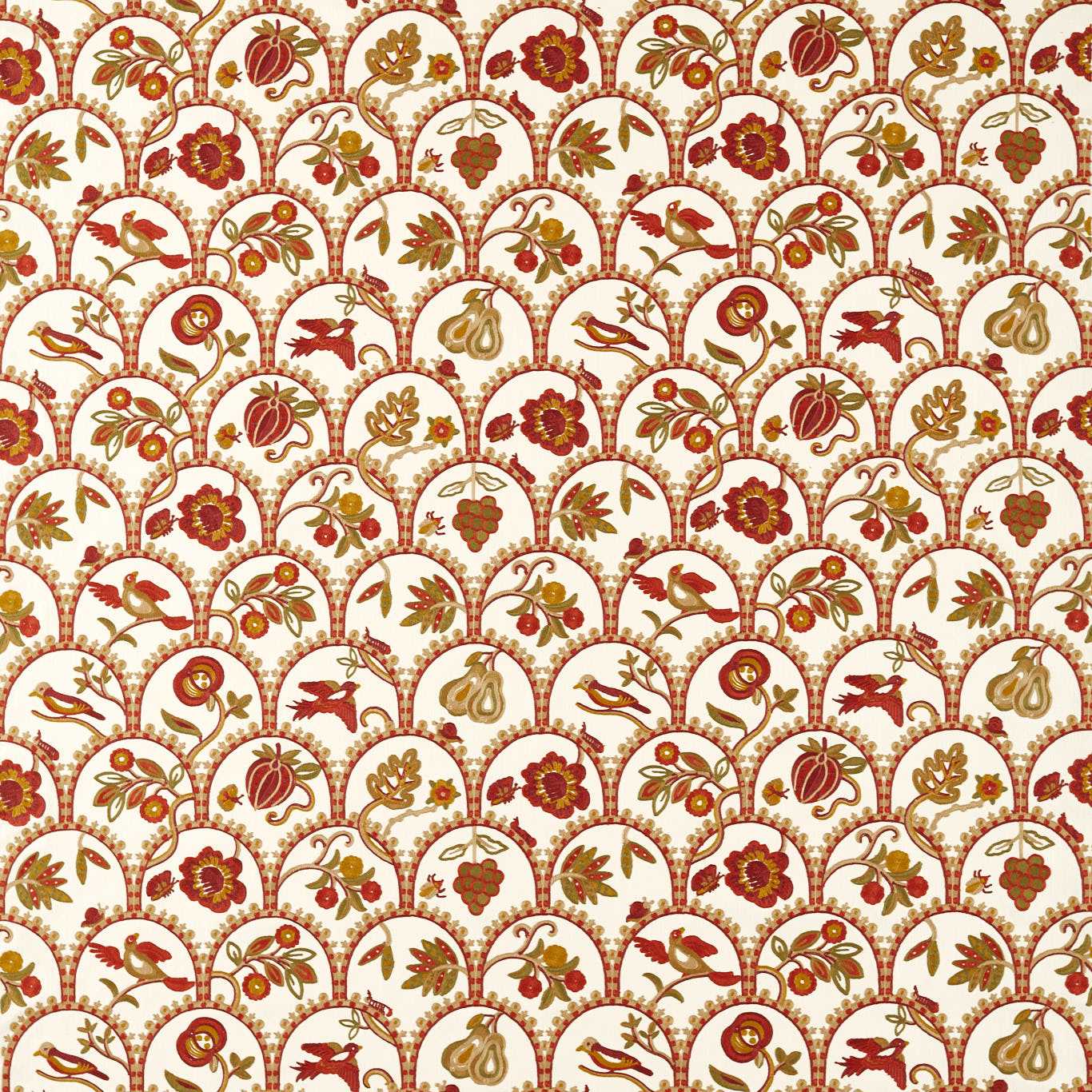 Embroidery/applique harvest fruits motif with an arch design, red borders, gold-green florals, birds and pomegranates on cream background.