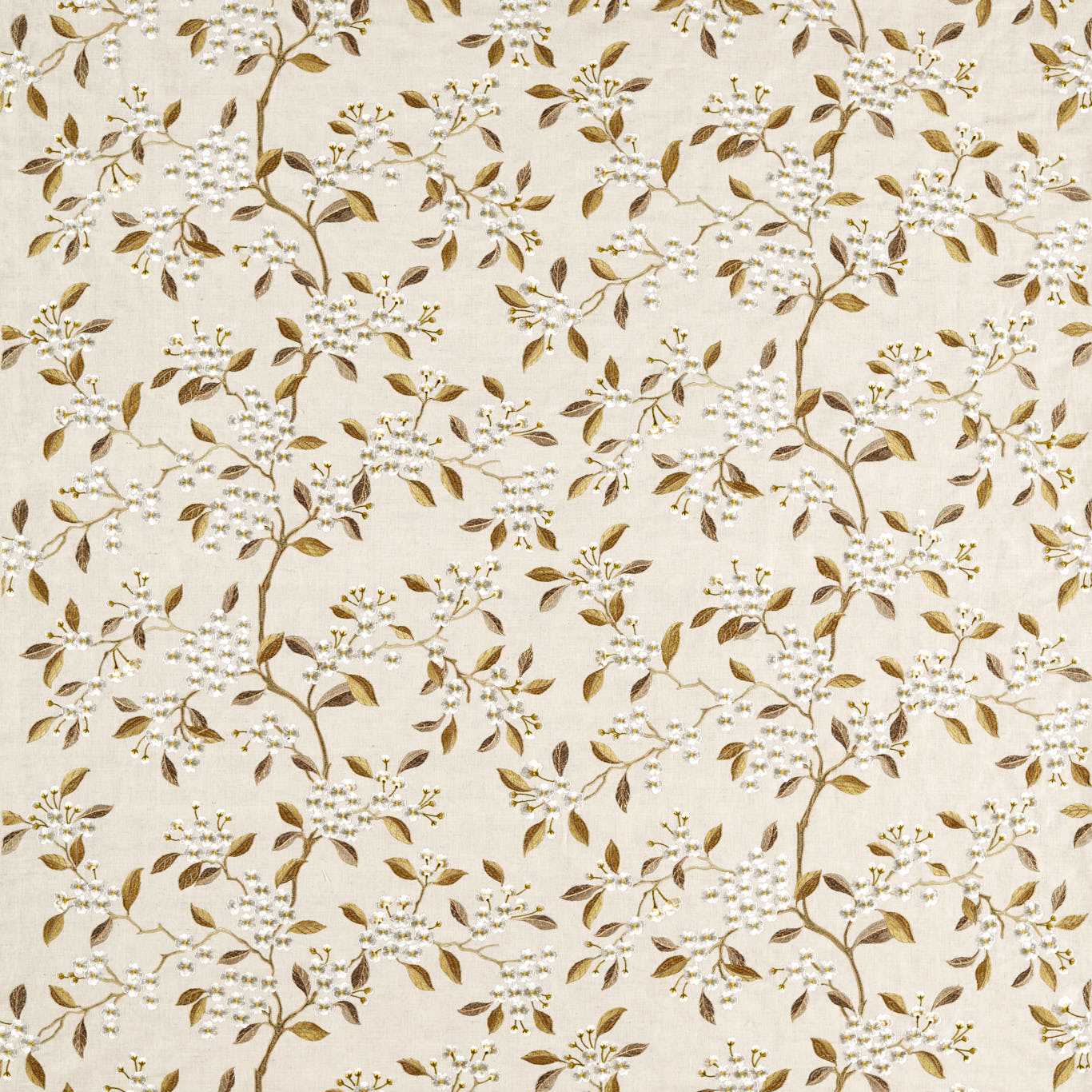 Beige botanical wallpaper pattern with brown branches and small white blossoms, linen-like texture.
