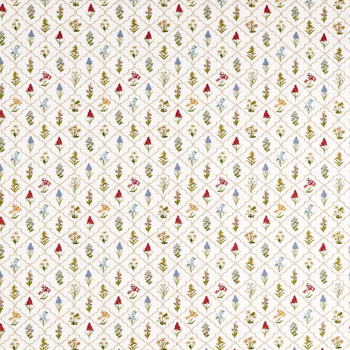 Cream chintz fabric with an embroidered floral trellis motif in red, blue, green, and gold.
