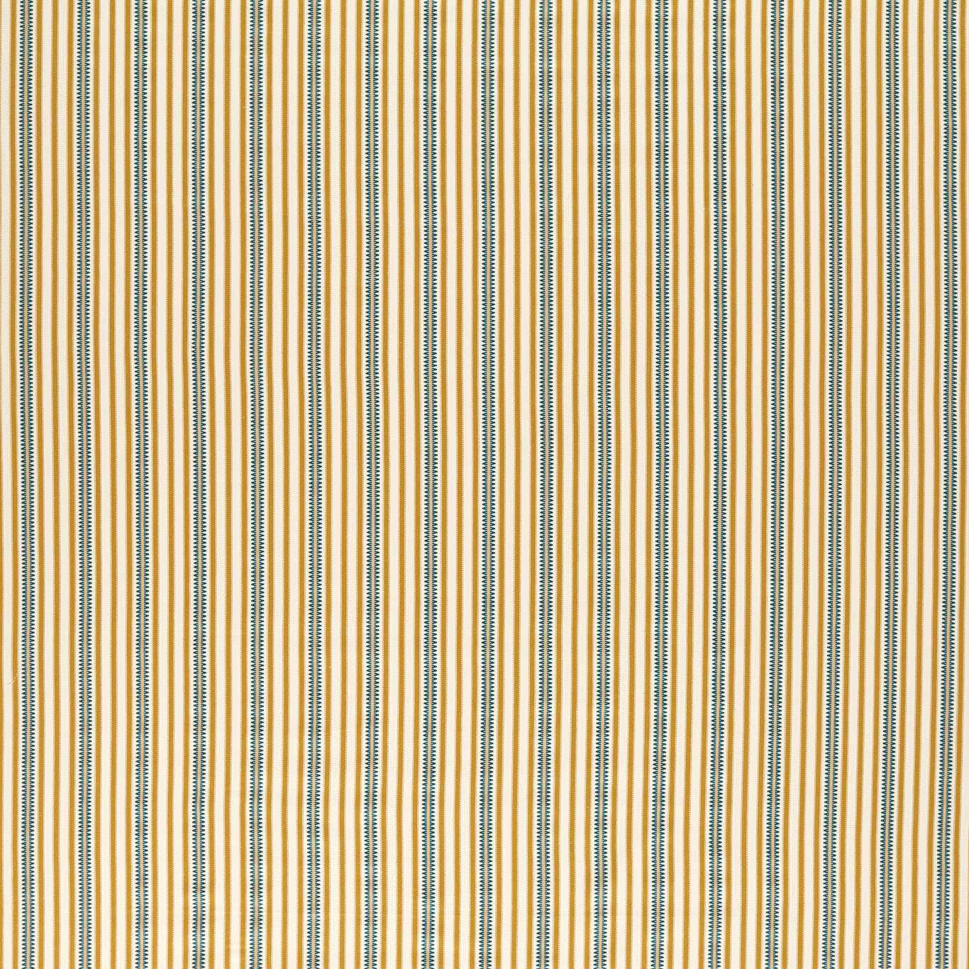 Vertical honey yellow and teal stripes on light fabric; retro striped weave for shirts, dresses, or home decor.