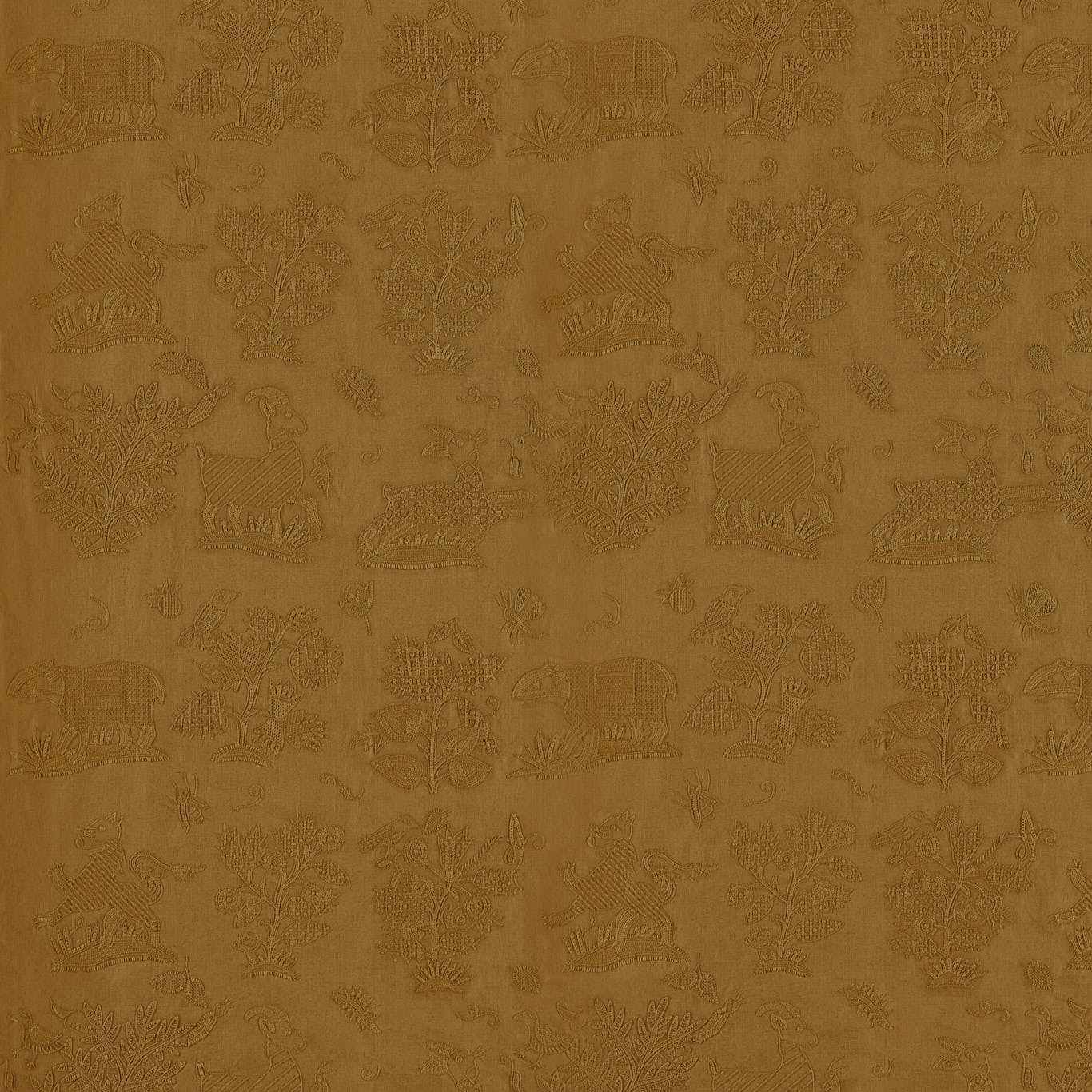 Mustard embroidery/applique on jacquard fabric with raised pastoral motifs of animals and trees; rich textured decor.